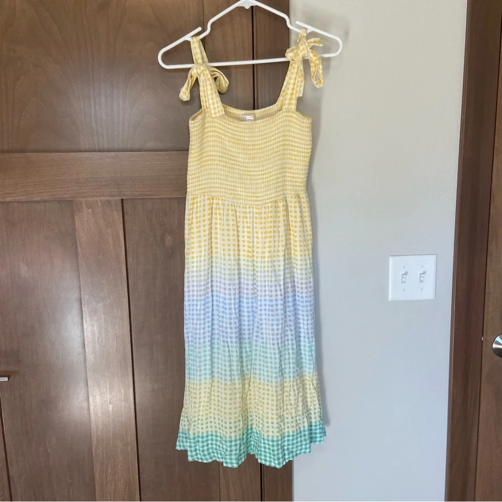 LC Lauren Conrad Smocked Dress Yellow Tie Shoulder Detail Size M - Picture 3 of 7